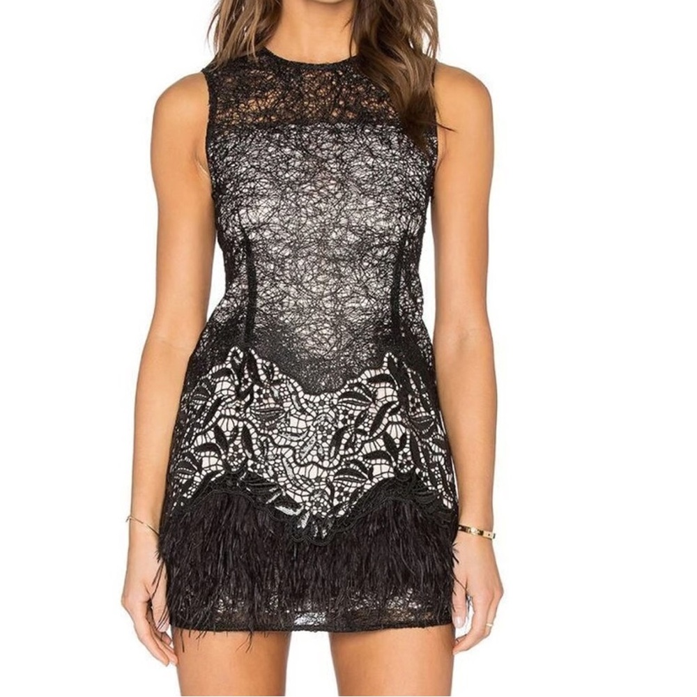 Alexis Lizzy Sleeveless Feather-Trim Lace Dress